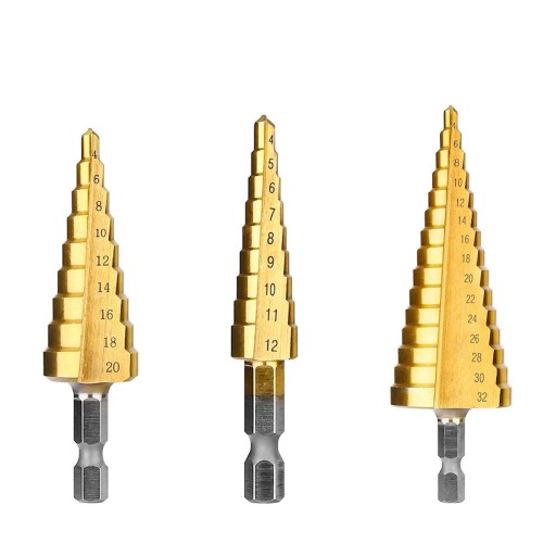 3 Piece  Titanium Coated Step Drill Bit Set 4-12mm 4-20mm 4-32mm Straight Slot  Perfect Plastic Hole Cutting Tool Core Cone Drilling Tool Set