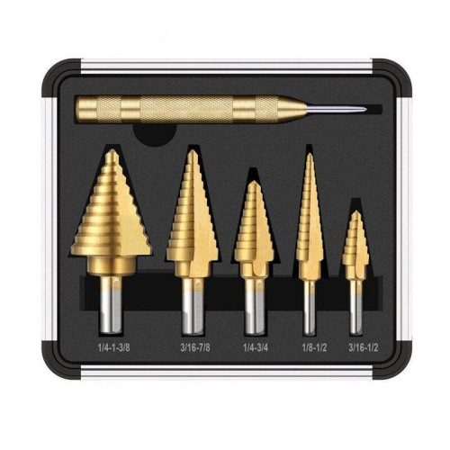 Socoje 6PCS Premium Titanium-Coated  4241 Step Drill Bit Set by Pro-Drills Variety Pack (1/8 to 1-3/8) High-Speed Steel Center Punched Design