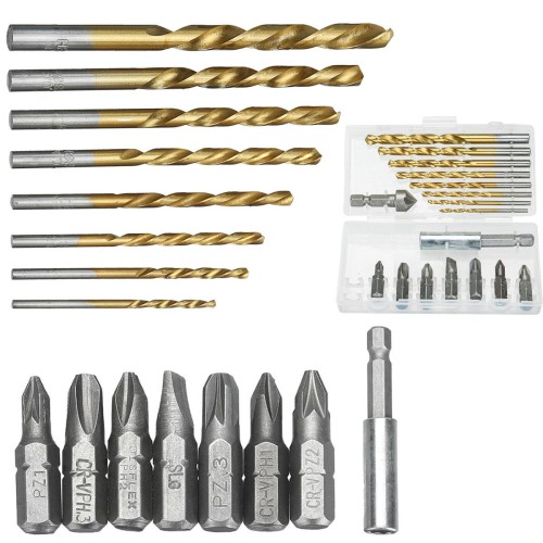 Drill Bit Set Slotted Bits  Twist Drill Bit with 60mm Extension Rod with Plastic Storage Box 18PCS 