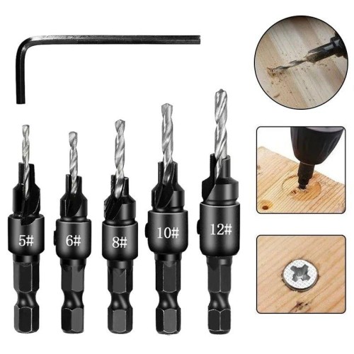 Countersink Drill Bit Set Carpentry Woodworking Drill Bit #5 #6 #8 #10 #12 5PCS 