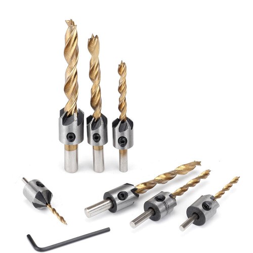 3-10mm Round Shank Titanium Coated Countersink Drill Bit Set 7/8Pcs 