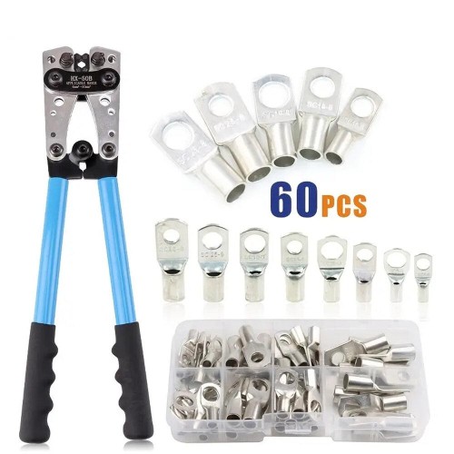 1 Set Socoje Battery Cable Copper Lug Crimping Tool HX-50B 10-1 AWG With 60Pcs Copper Ring Terminals 8 Sizes Cable Lugs Set