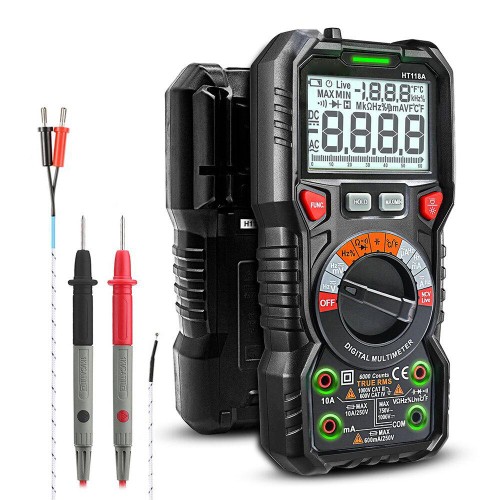 HT118A Digital AC/DC Multimeter TRMS 6000 Counts True RMS with Flashlight and Safety Features