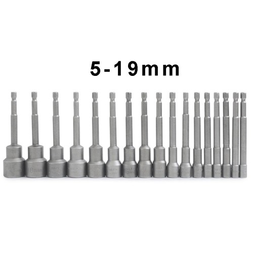 16pcs 100mm Hexagon Nut Setter Socket Driver Drill 1/4'' 6.35mm Hex Shank 5-19mm