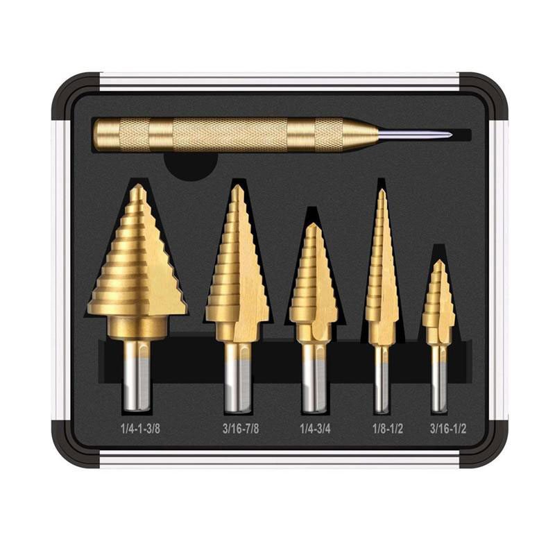 Socoje 6PCS Premium Titanium-Coated 4241 Step Drill Bit Set by Pro-Drills Variety Pack (1/8 to 1-3/8) High-Speed Steel Center Punched Design