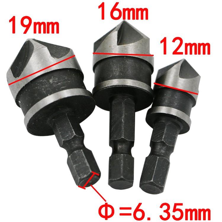 3Pcs 12mm 16mm 19mm Countersink Bore Set 1/4 Hex Shank Wood Plastic Chamfer Bit