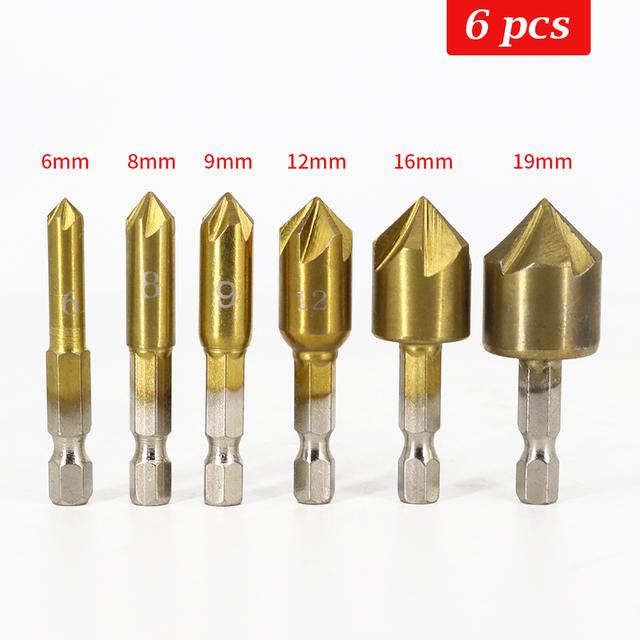 6Pcs  1/4 Hex Shank Chamfer Countersink Chamfer Drill Bit 90 Degree Wood Chamfering Cutter 6mm-19mm Metal Drills