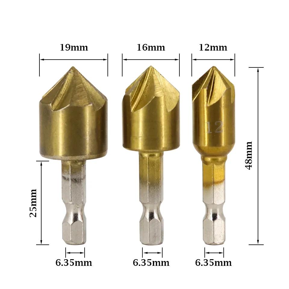 6Pcs  1/4 Hex Shank Chamfer Countersink Chamfer Drill Bit 90 Degree Wood Chamfering Cutter 6mm-19mm Metal Drills