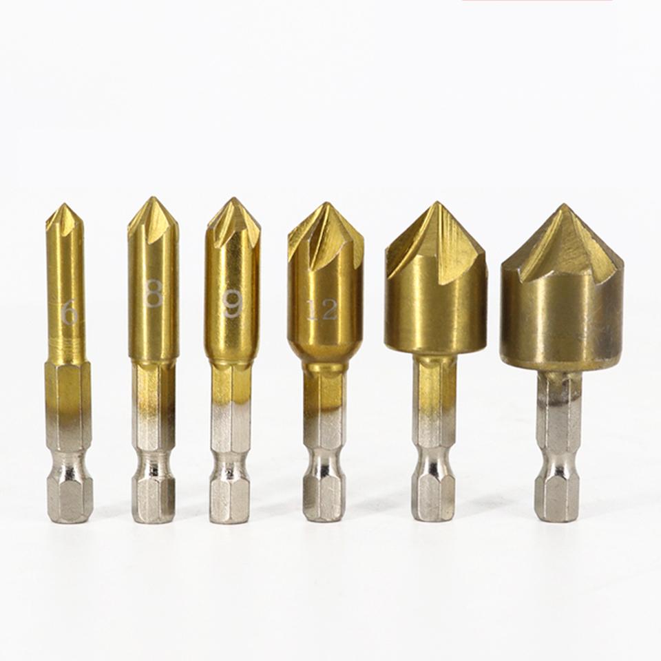 6Pcs  1/4 Hex Shank Chamfer Countersink Chamfer Drill Bit 90 Degree Wood Chamfering Cutter 6mm-19mm Metal Drills