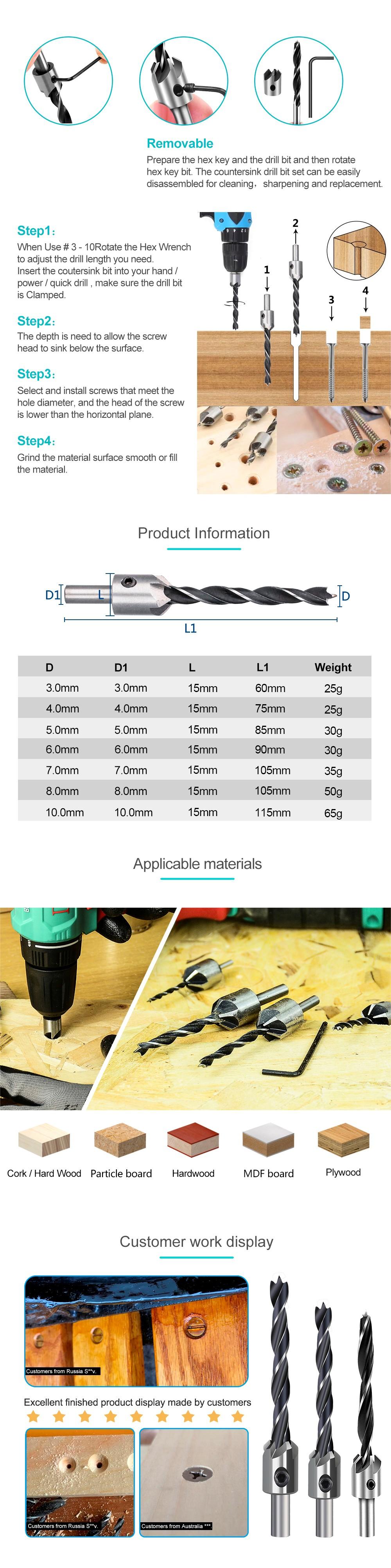 7PCS 3mm-10mm  Countersink Drill Bit Set Reamer Woodworking Chamfer Drill Counterbore Pliot Hole Cutter Screw Hole Drill