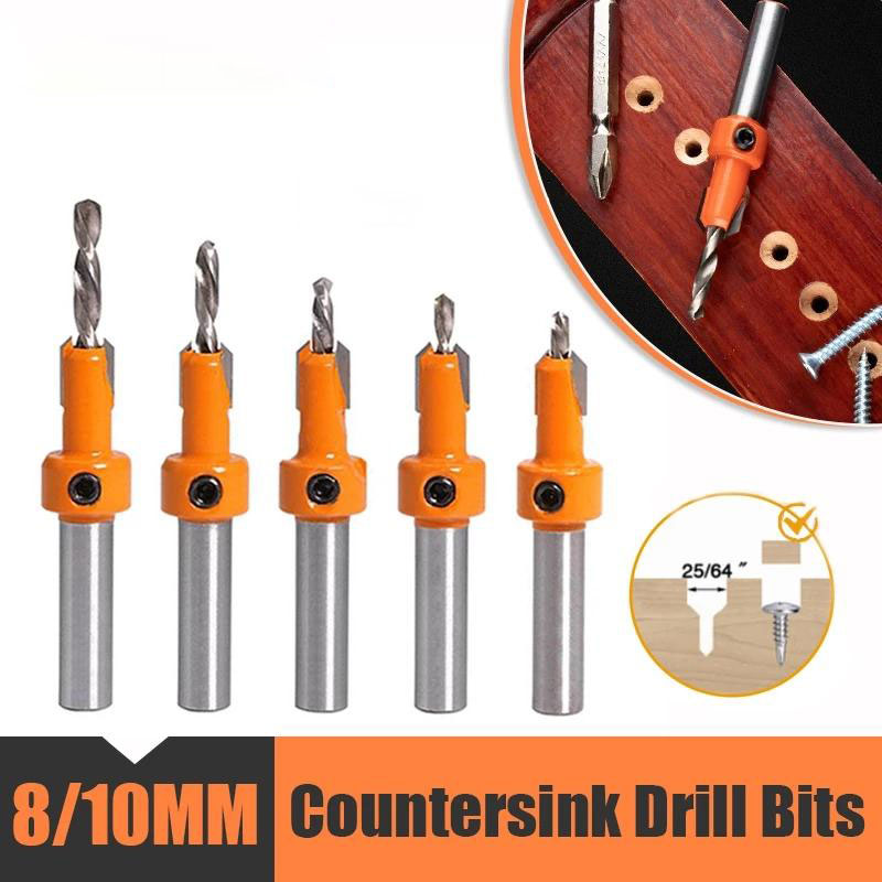 7PCS 8/10mm Shank Woodworking Step Drill Countersink Router Bit Set Screw Extractor Remon Demolition for Wood Milling Cutter