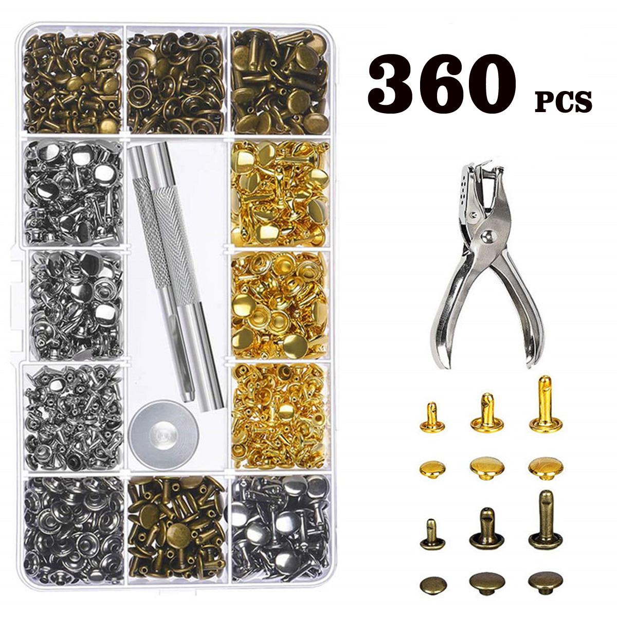 360Pcs Leather Rivets Double Cap Rivets Metal Fixing Tool With Punch Pliers Kit Craft Snap Fastener Press Button Repair Tool
