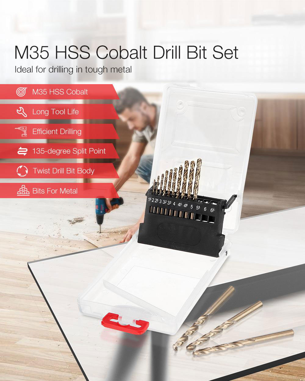Socoje M35 Cobalt Drill Bit Set -Co Jobber Length Twist Drill Bits with Plastic Case for Stainless Steel Wood Metal Drilling