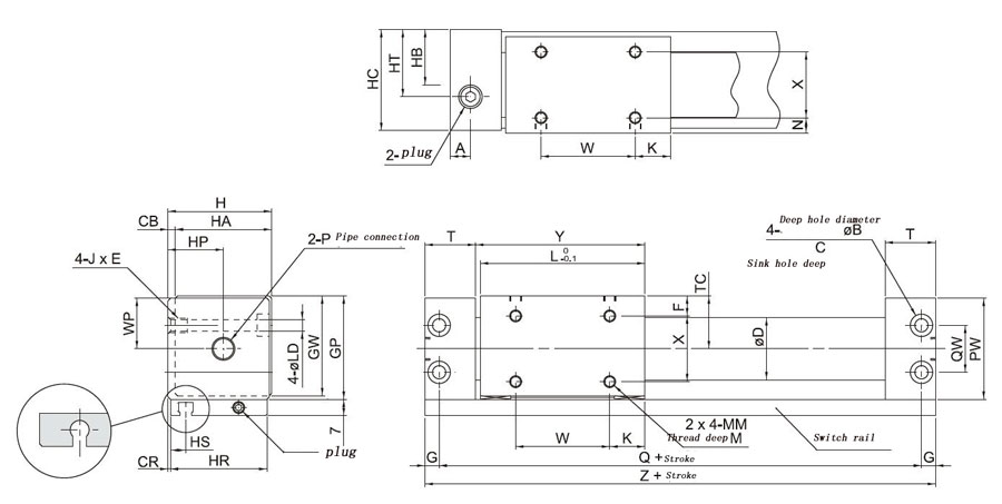 Rodless Air Cylinder, 25mm Bore, 300mm Stroke, Double Acting