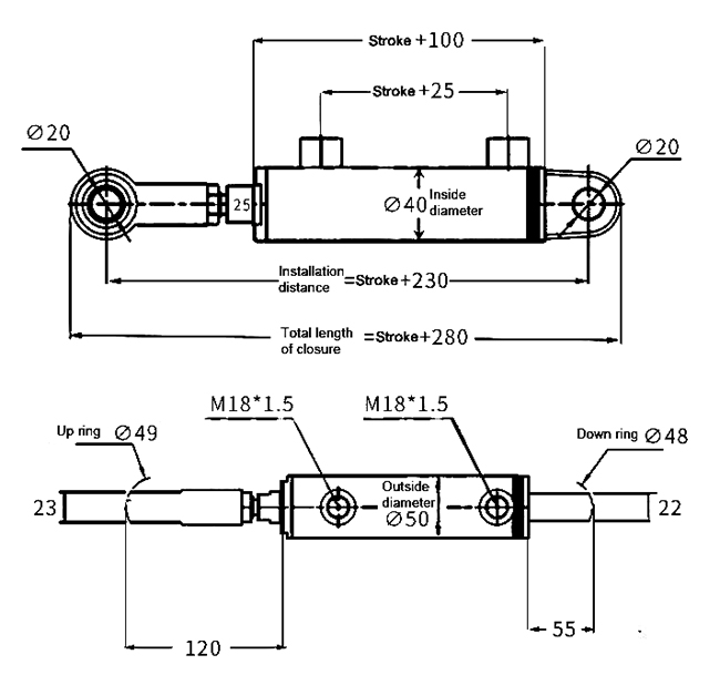 Double Acting Welded Hydraulic Cylinder, 10 inch (250mm) Stroke