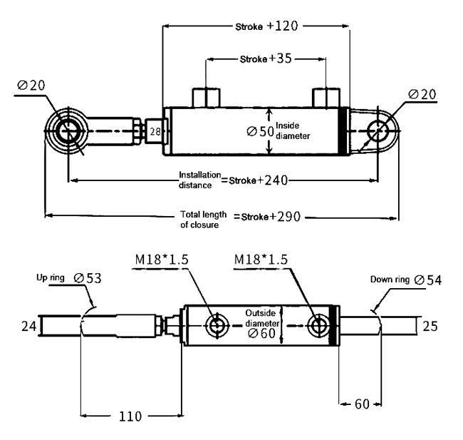 Double Acting Welded Hydraulic Cylinder, 10 inch (250mm) Stroke