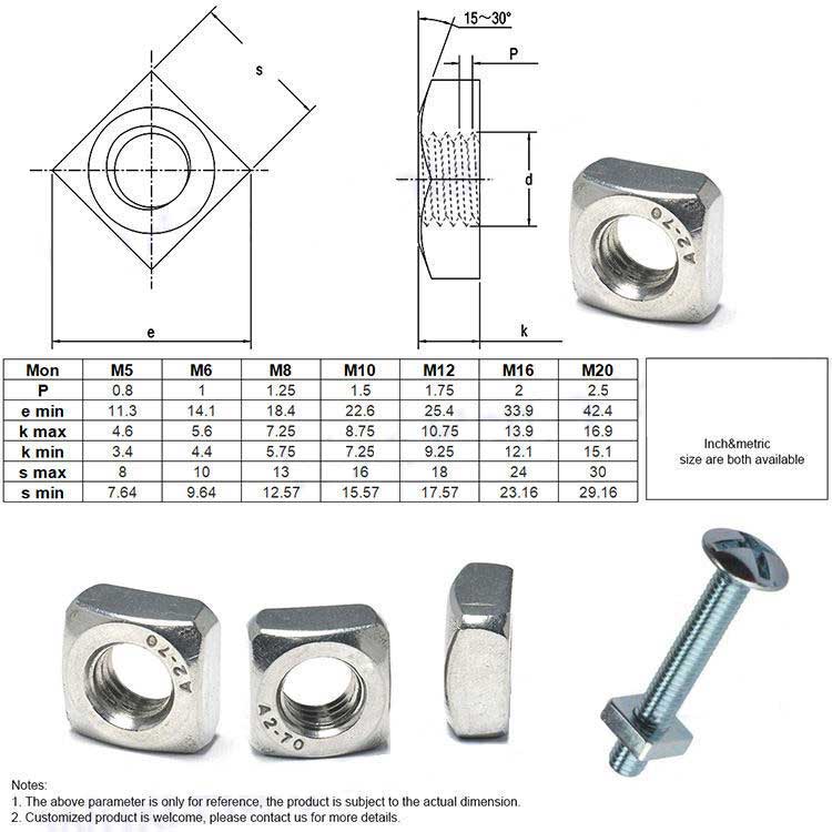 M8 Square Bolt And Nuts 304 Stainless Steel Metric Thread M3 M4 M5 M6 Stainless Steel M8 Square Screw Nut