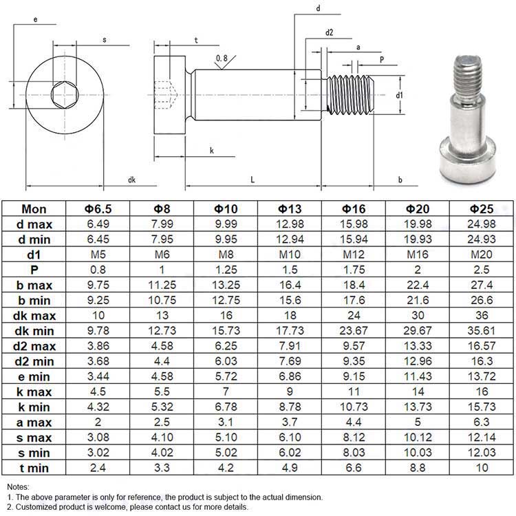 ISO 7379 M6 M8 M10 SS 304 316 Stainless Steel Hex Drive Custom Shoulder Bolts