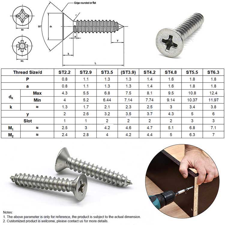 High Quality Stainless Steel 304 316 Phillips Flat Csk Head Sheet Metal Self Tapping Screws