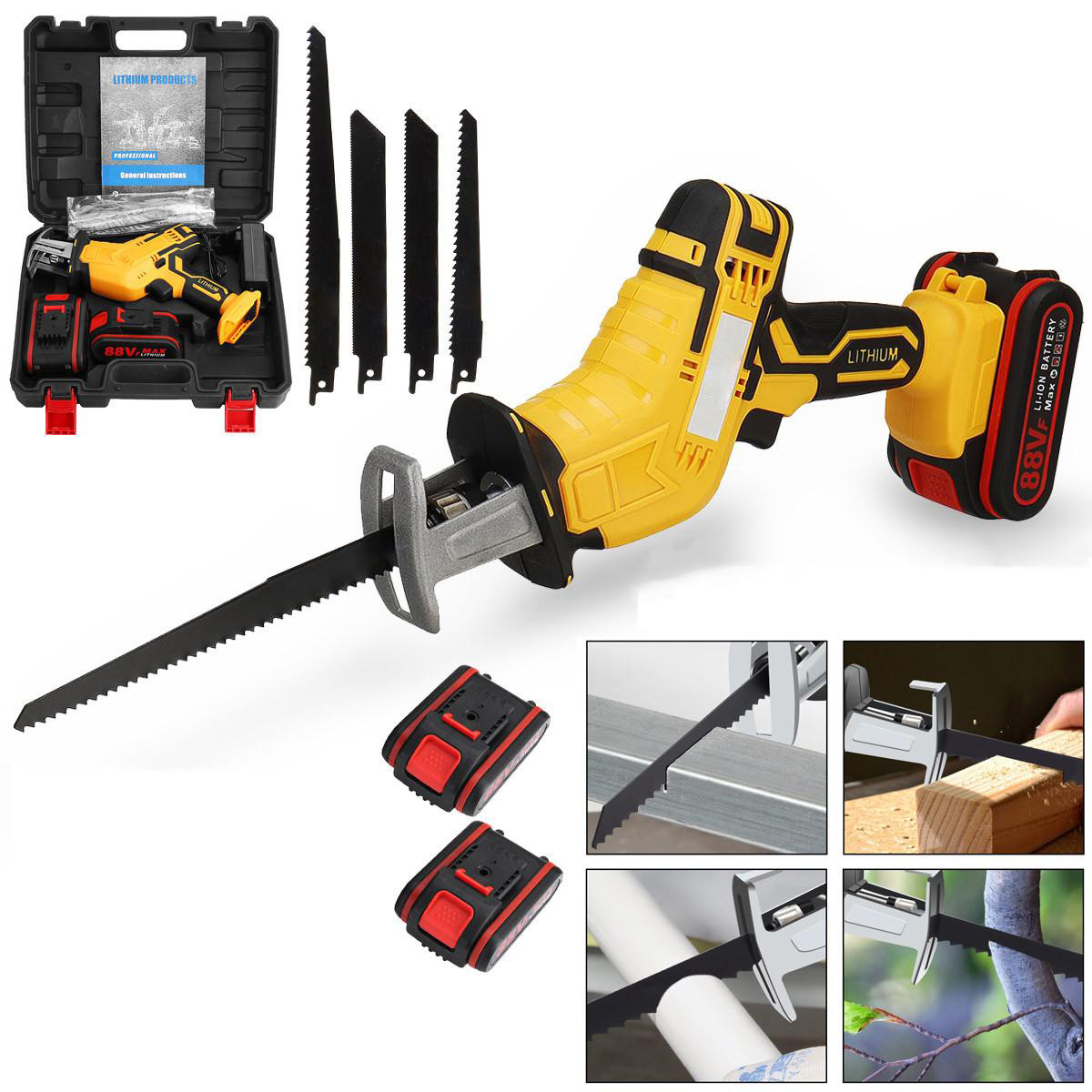 Socoje 88VF 10mm Cordless Electric Reciprocating Saw w/ 4 Blades Electric Wood Cutting Recip Prunning