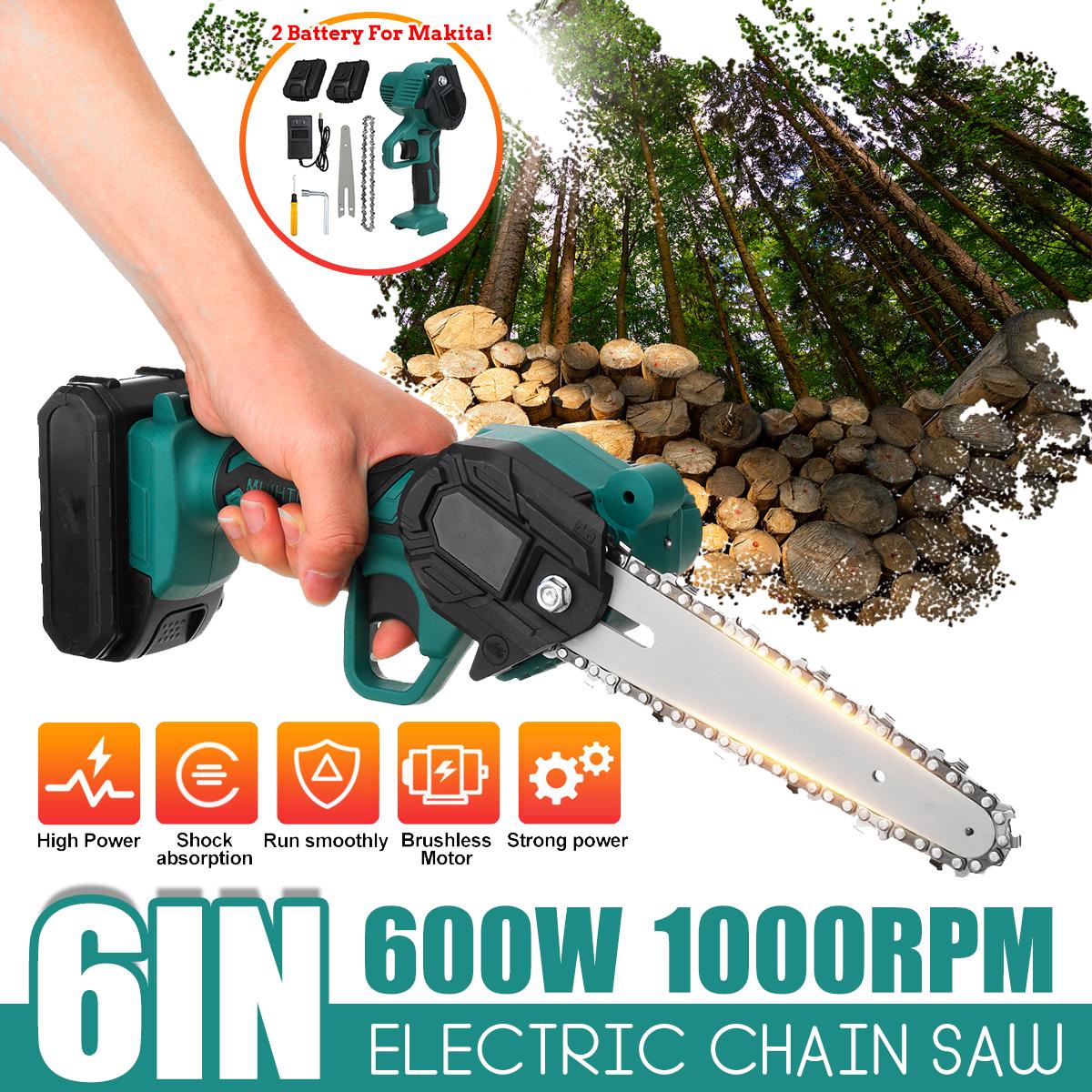 6inch 600W Portable Electric Chain Saw Rechargeable Saws Wood Cutter Woodworking Tool W/ 2pcs Battery EU Plug