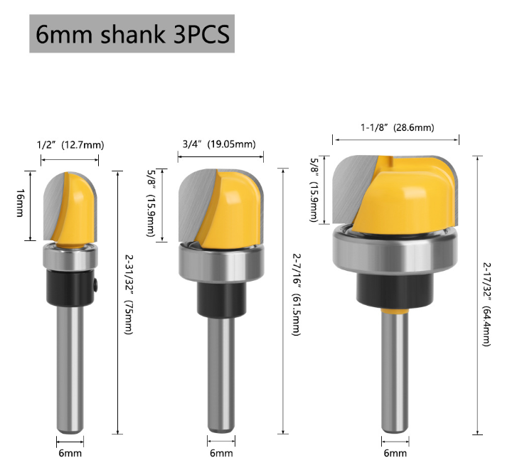 3pcs Multi size Shank Round Nose Bits With Bearing Router Bits Carbide Cutters Woodworking Milling Cutter For Wood Bit Face Mill Tools