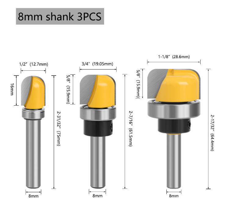 3pcs Multi size Shank Round Nose Bits With Bearing Router Bits Carbide Cutters Woodworking Milling Cutter For Wood Bit Face Mill Tools
