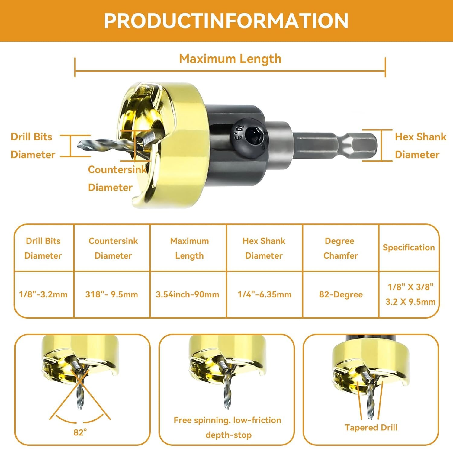 82 Degree Carbide Tipped Countersink Drill Bits with Adjustable Depth Stop (No Thrust Ball Bearing)