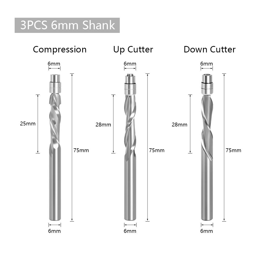 6mm 6.35mm Shank Solid Carbide Bearing Guided Two Flute Flush Trim Router Bits Woodworking Milling Cutters Z06AT3A