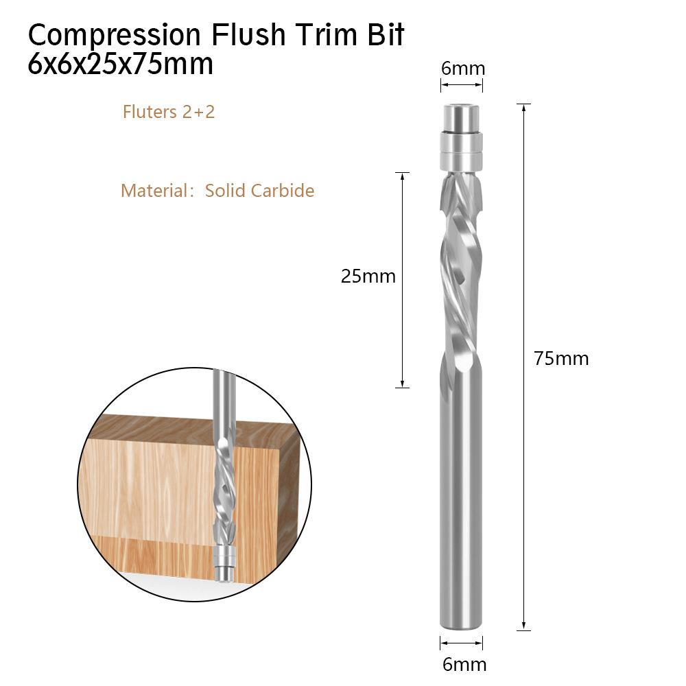 6mm 6.35mm Shank Solid Carbide Bearing Guided Two Flute Flush Trim Router Bits Woodworking Milling Cutters Z06AT3A