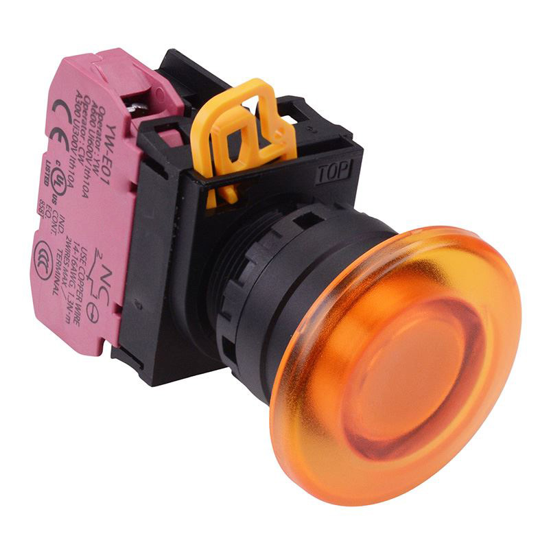 Amber 12V illuminated 22mm Mushroom Maintained Push Button Switch NC IP65 YW1L-A4E01Q3A
