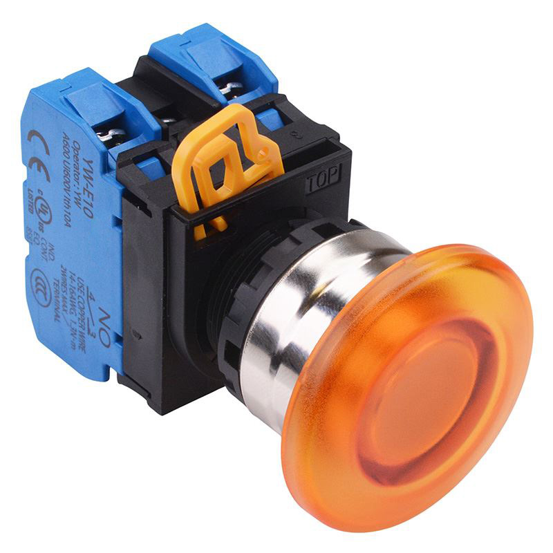 Amber 24V illuminated 22mm Metal Bezel Mushroom Maintained Push Button Switch 2NO IP65 YW4L-A4E20Q4A