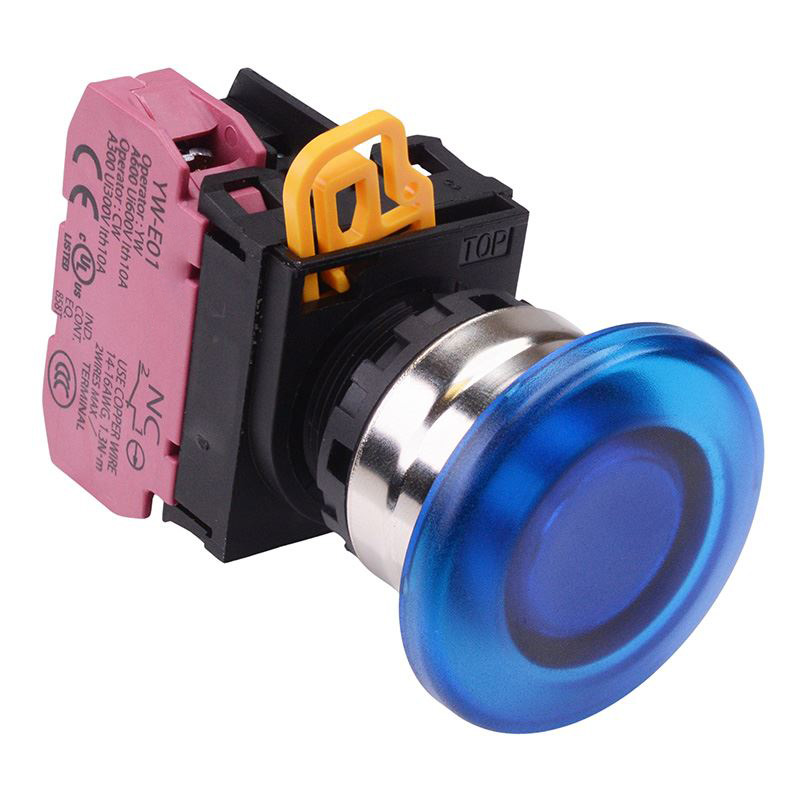 Blue 12V illuminated 22mm Metal Bezel Mushroom Maintained Push Button Switch NC IP65 YW4L-A4E01Q3S