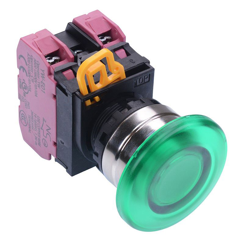 Green 12V illuminated 22mm Metal Bezel Mushroom Momentary Push Button Switch 2NC IP65 YW4L-M4E02Q3G