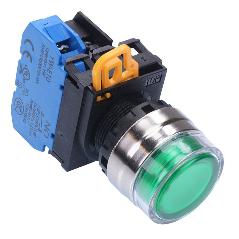 Green 24V illuminated 22mm Metal Bezel Maintained Shrouded Push Button Switch NO IP65 YW4L-AF2E10Q4G