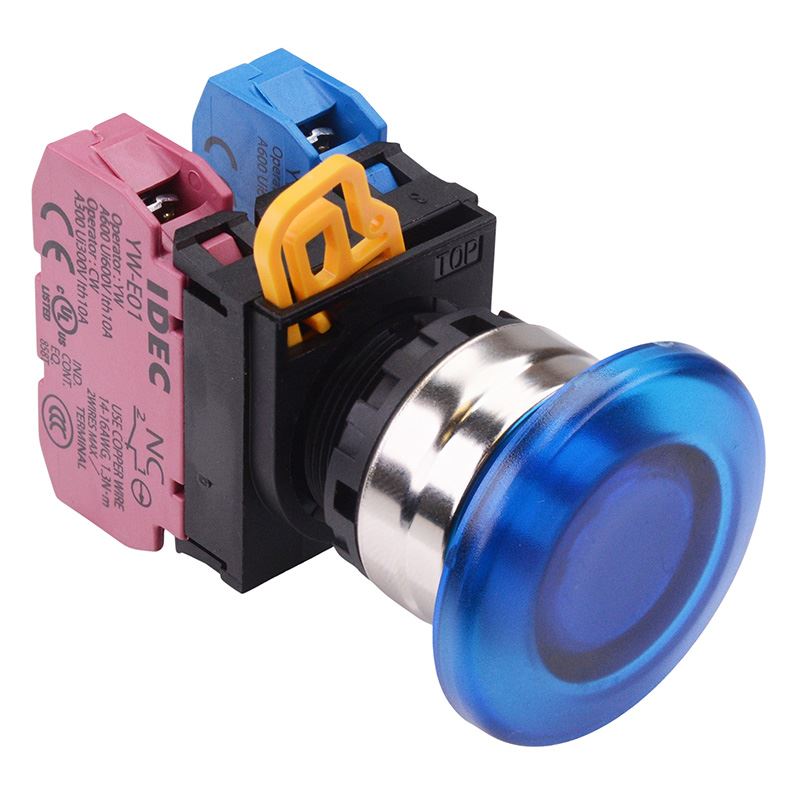 Blue 22mm Metal Bezel Mushroom Momentary Push Button Switch 1NO-1NC IP65 YW4L-M4E11Q0S