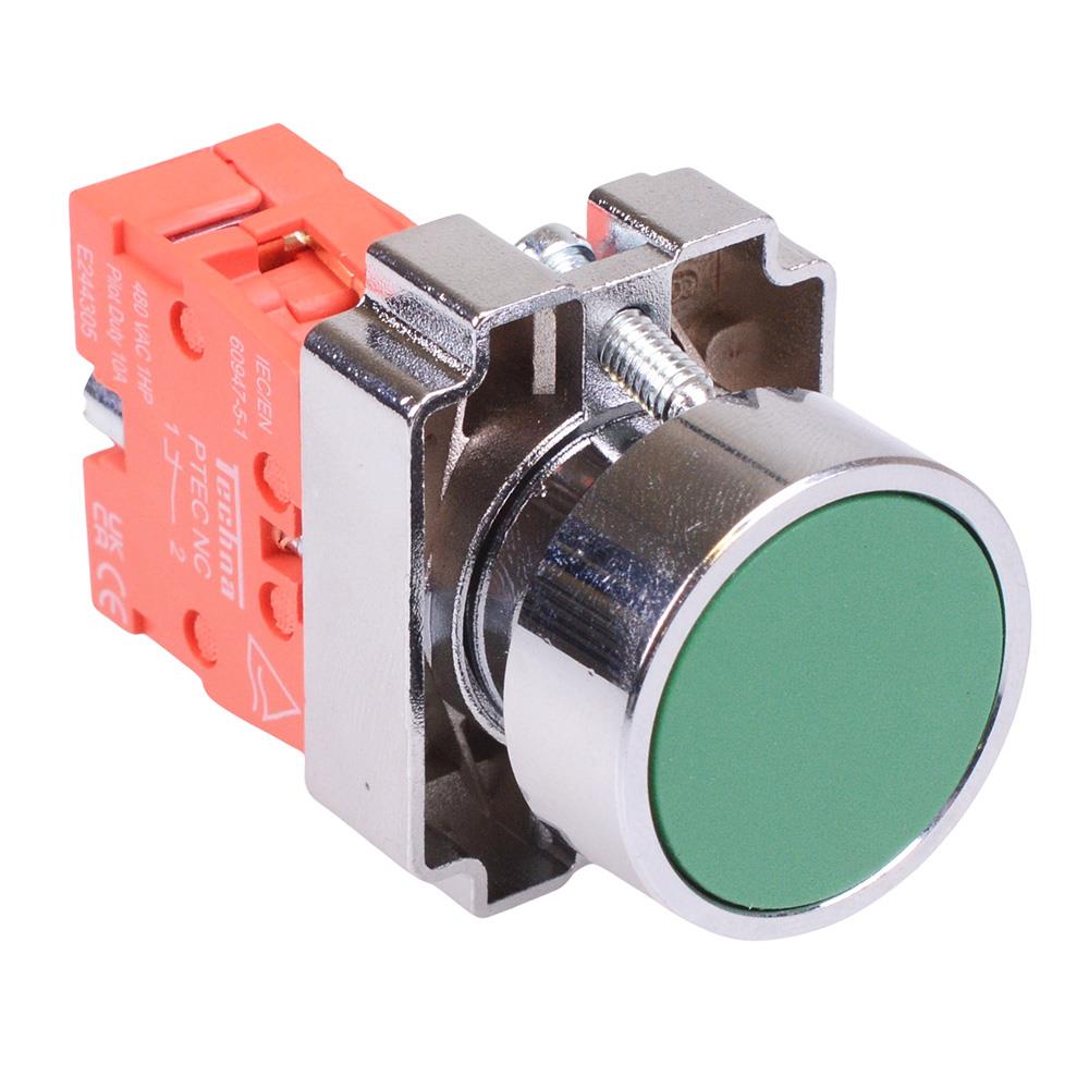 PtecMetPNGreen Green Flush Push Button Switch Metal 10A 1NC