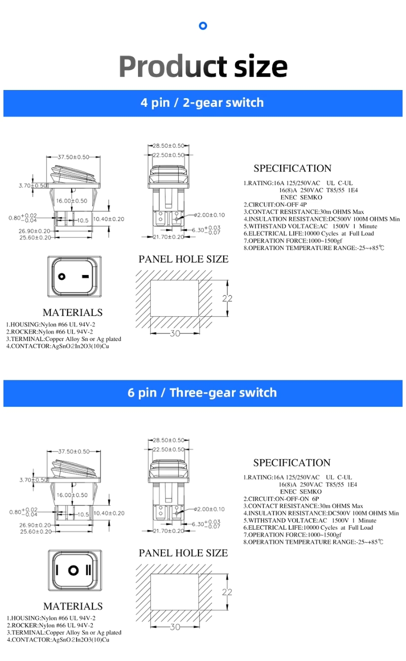 IP65 Waterproof Illuminated Rocker Switch Wiring Diagram 110V 220V 4/6 Pins On/off Rectangle Rocker Switches